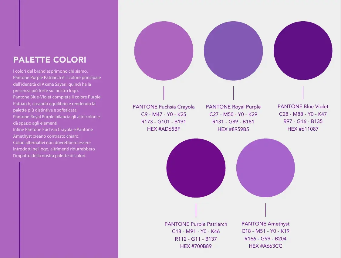 Palette colori della brand identity Akima Sayari
