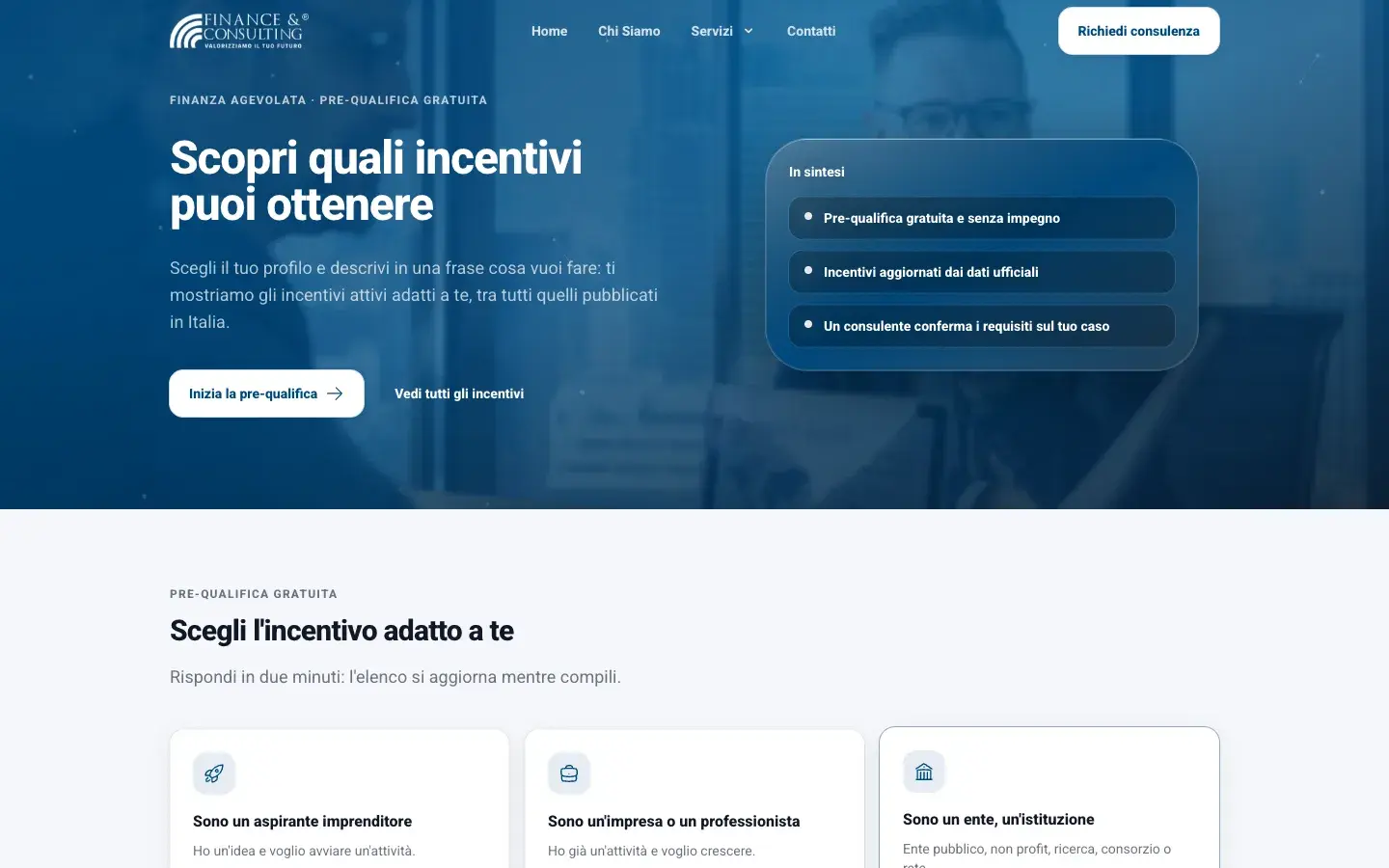 Tool di pre-qualifica di Finance Consulting Italia su desktop