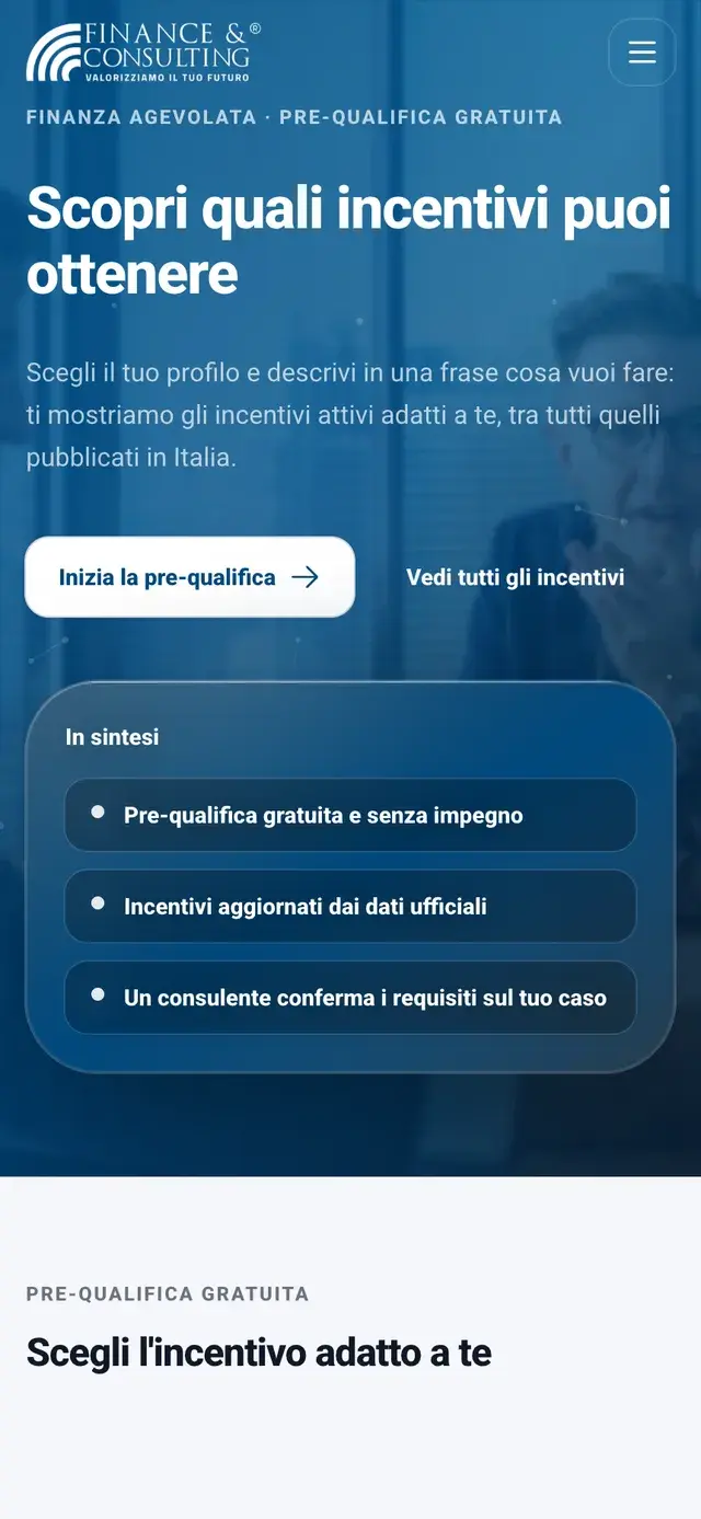 Tool di pre-qualifica di Finance Consulting Italia su smartphone