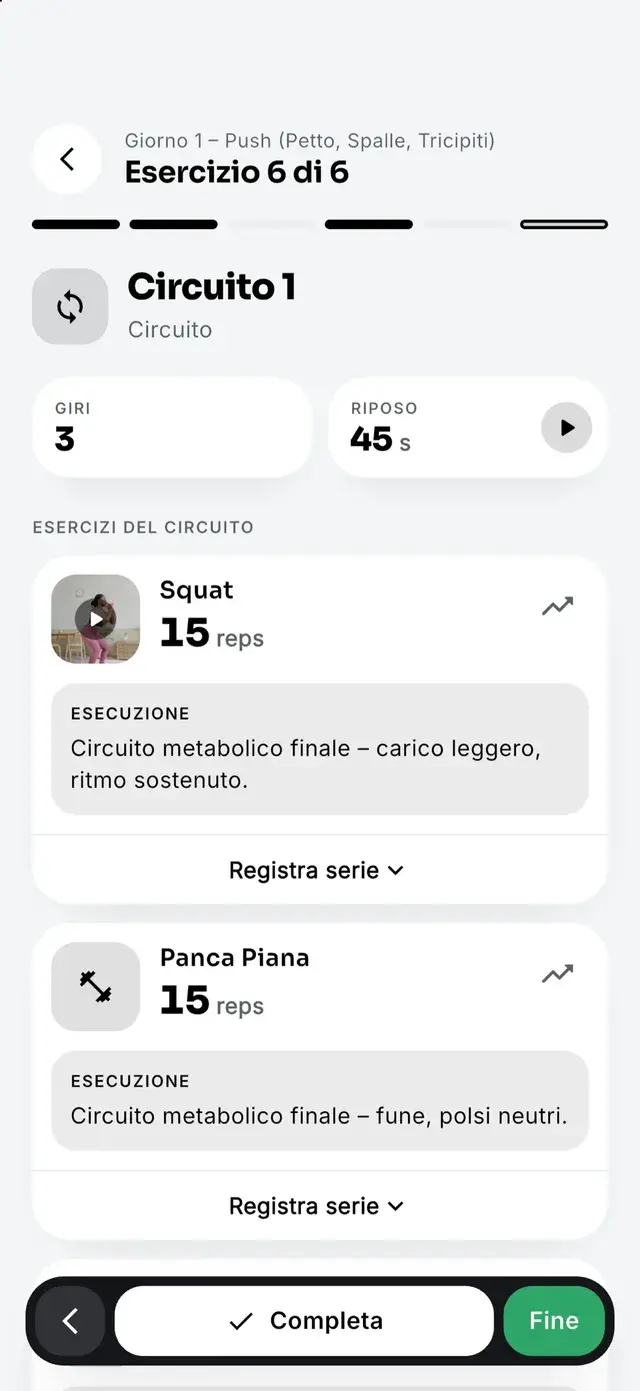 Circuito con giri e recuperi nell’app MuscleSync