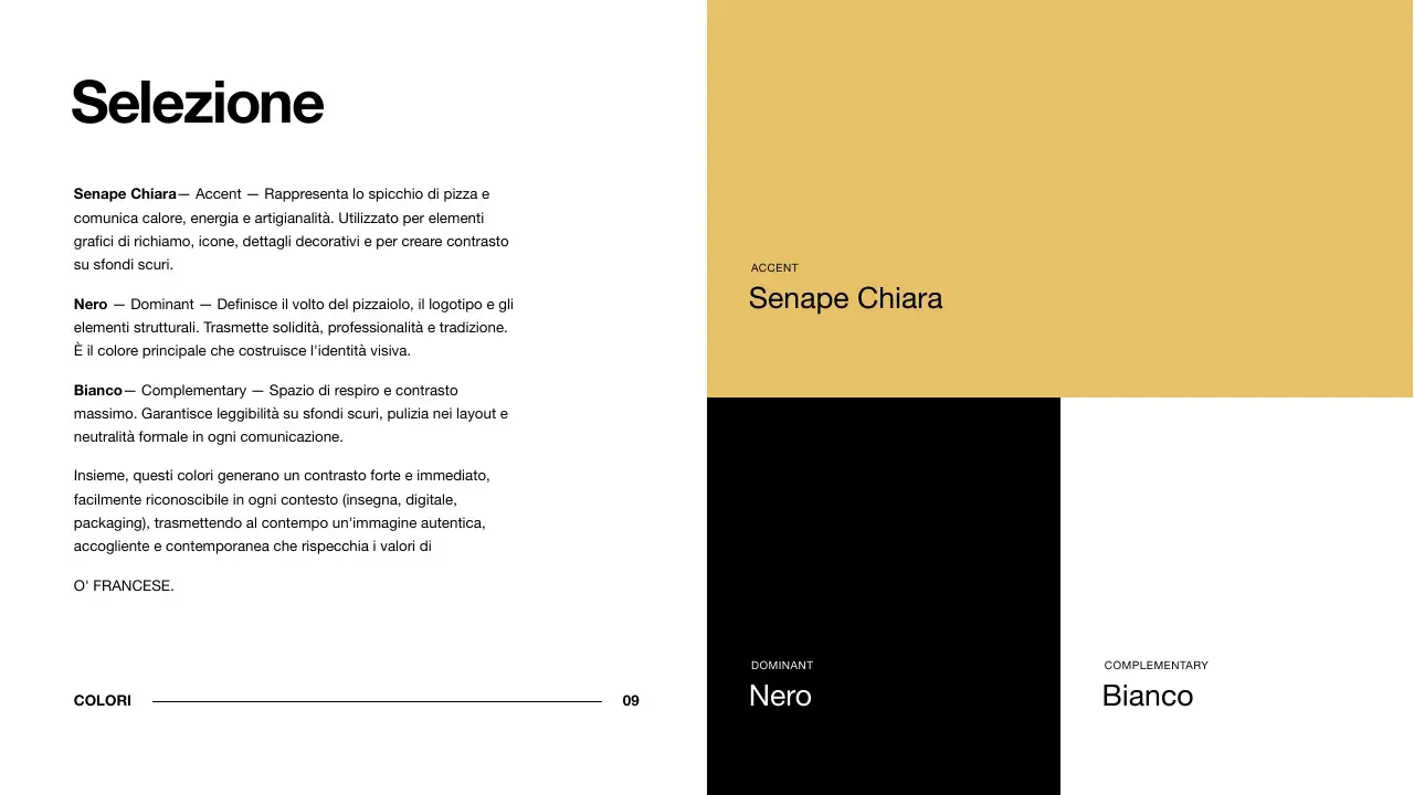 Palette colori di O’ Francese: senape chiara, nero e bianco